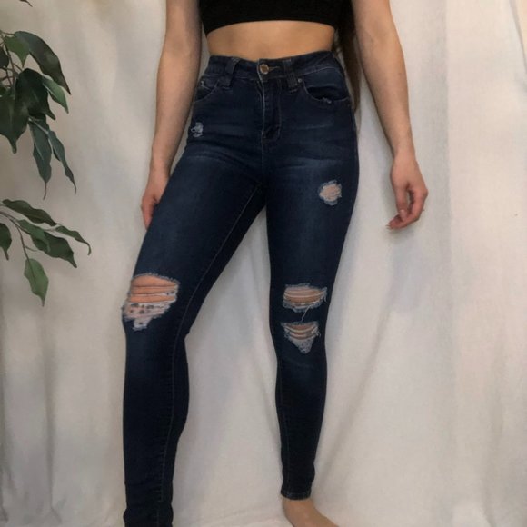 Ripped Skinny Dark Wash Jeans - Picture 2 of 10